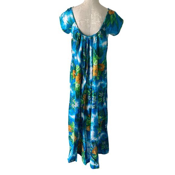 Paradise Hawaii Vintage Womens Dress Size M Blue Floral Maxi Pure Cotton New - Picture 11 of 11